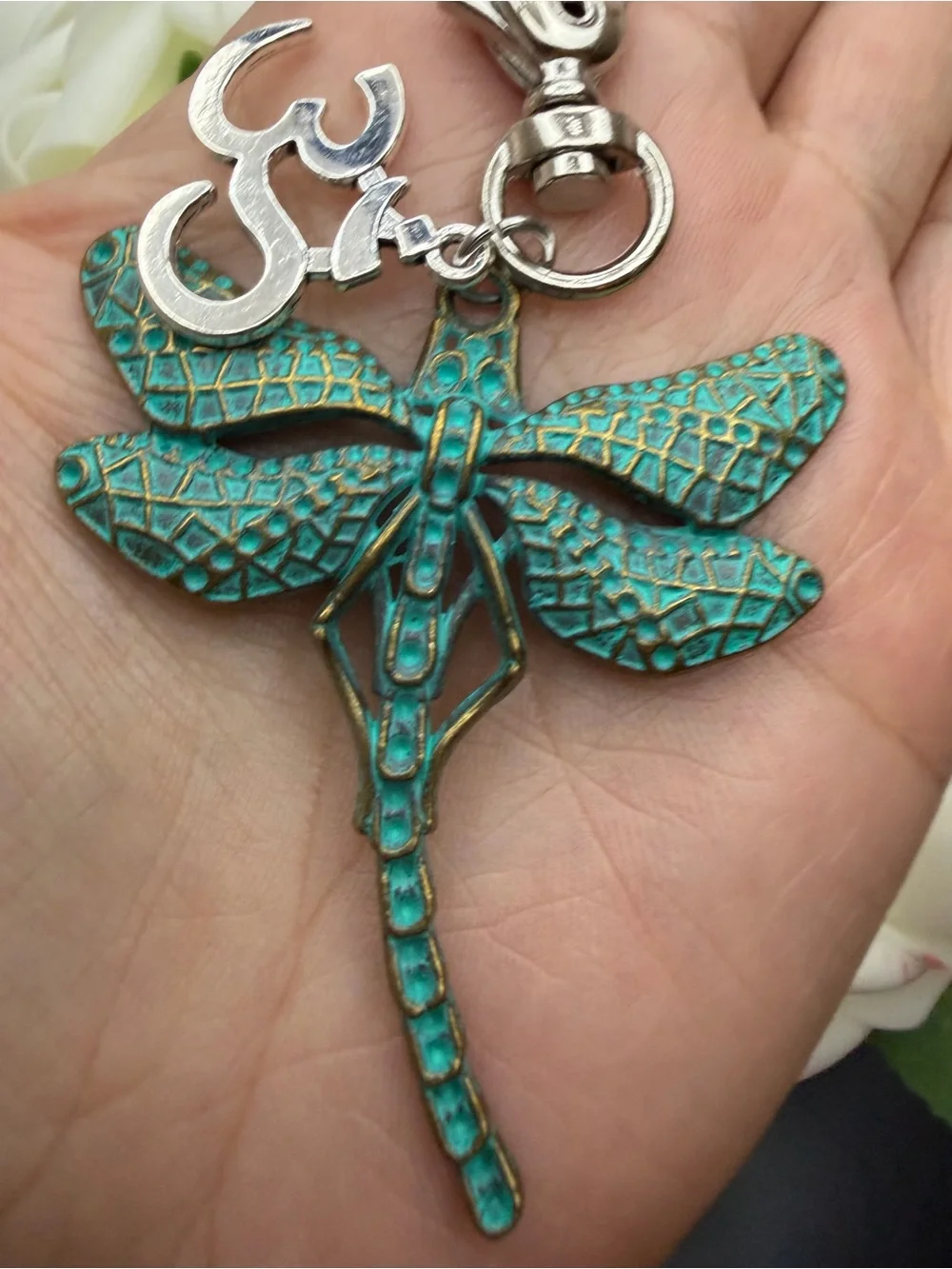 Turquoise Patina Dragonfly Keychain with Silver Charm